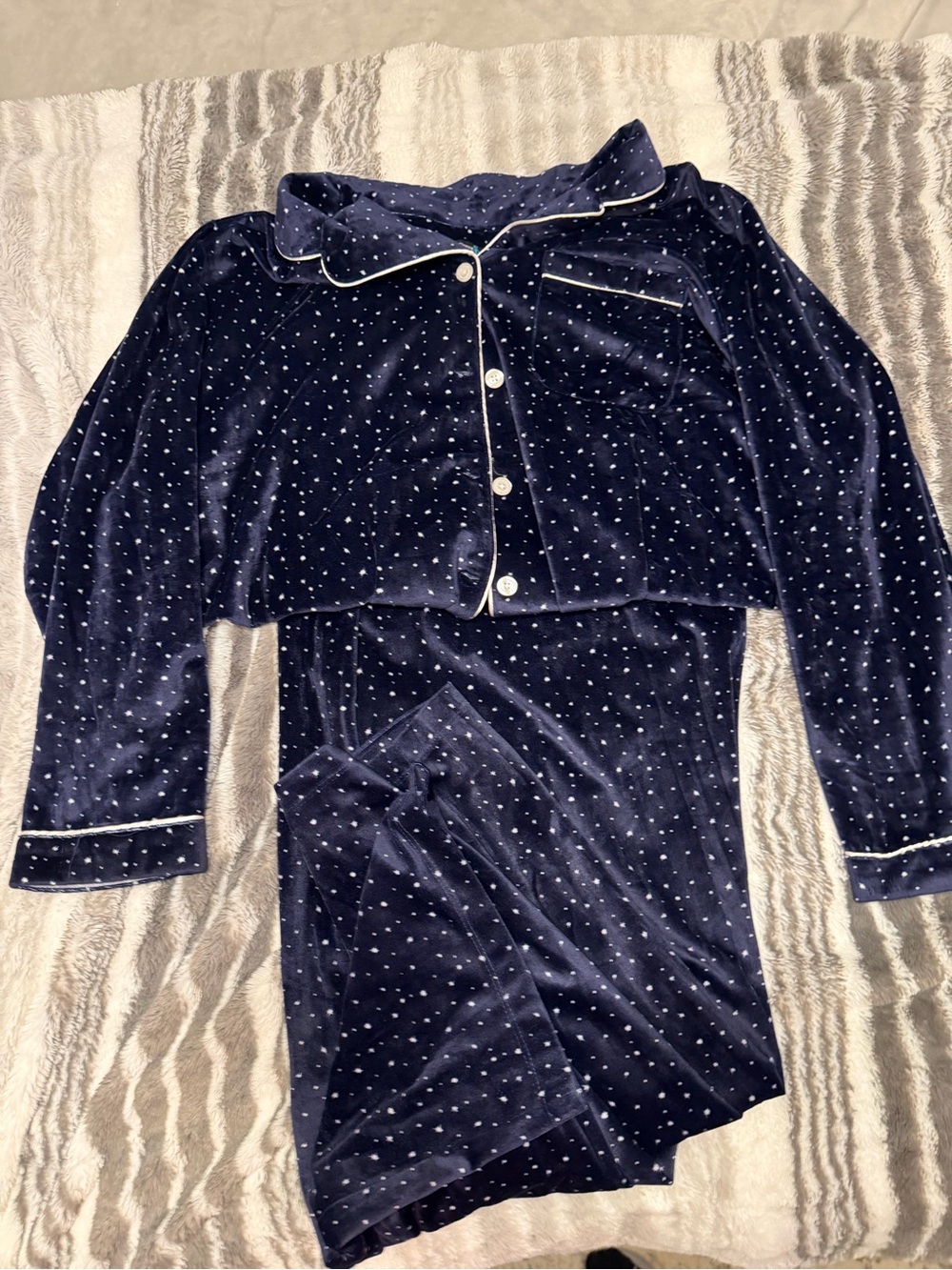 Harveys Navy Velvet Polka Dot Pajama Set with White Trim